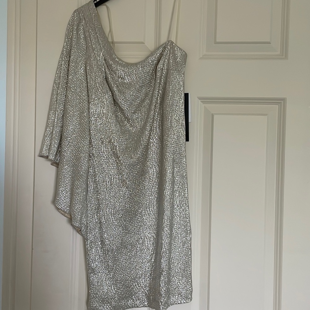 NWT MyMichelle gold one sleeve dress. Shimmery & bodycon.